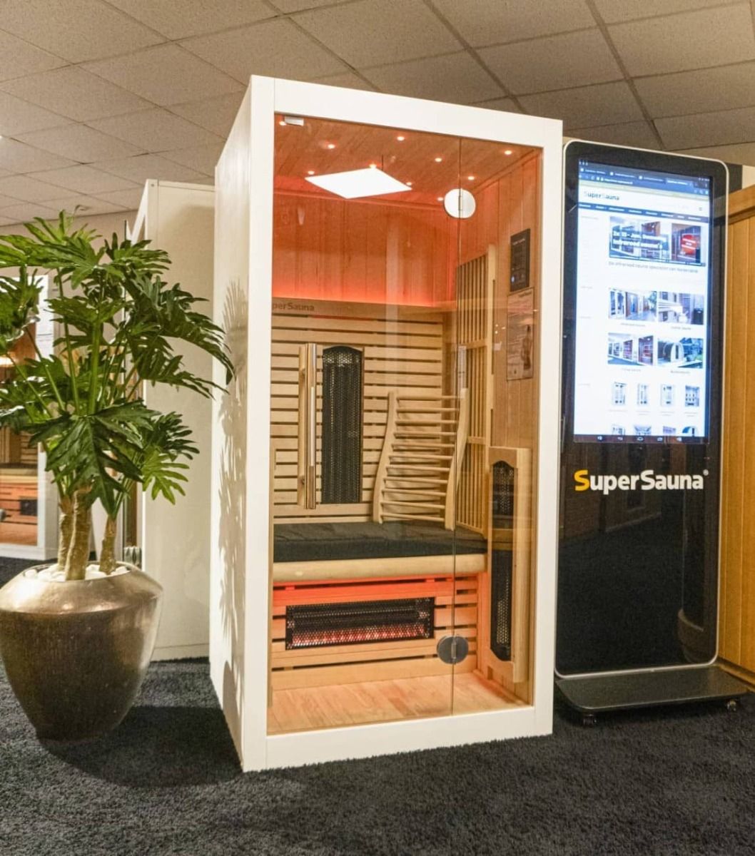 Ervaar diepe ontspanning met deze 1-persoons infrarood sauna met therapeutische werking 1-persoons infrarood sauna van hout met glazen deur, geschikt voor therapeutisch gebruik thuis
