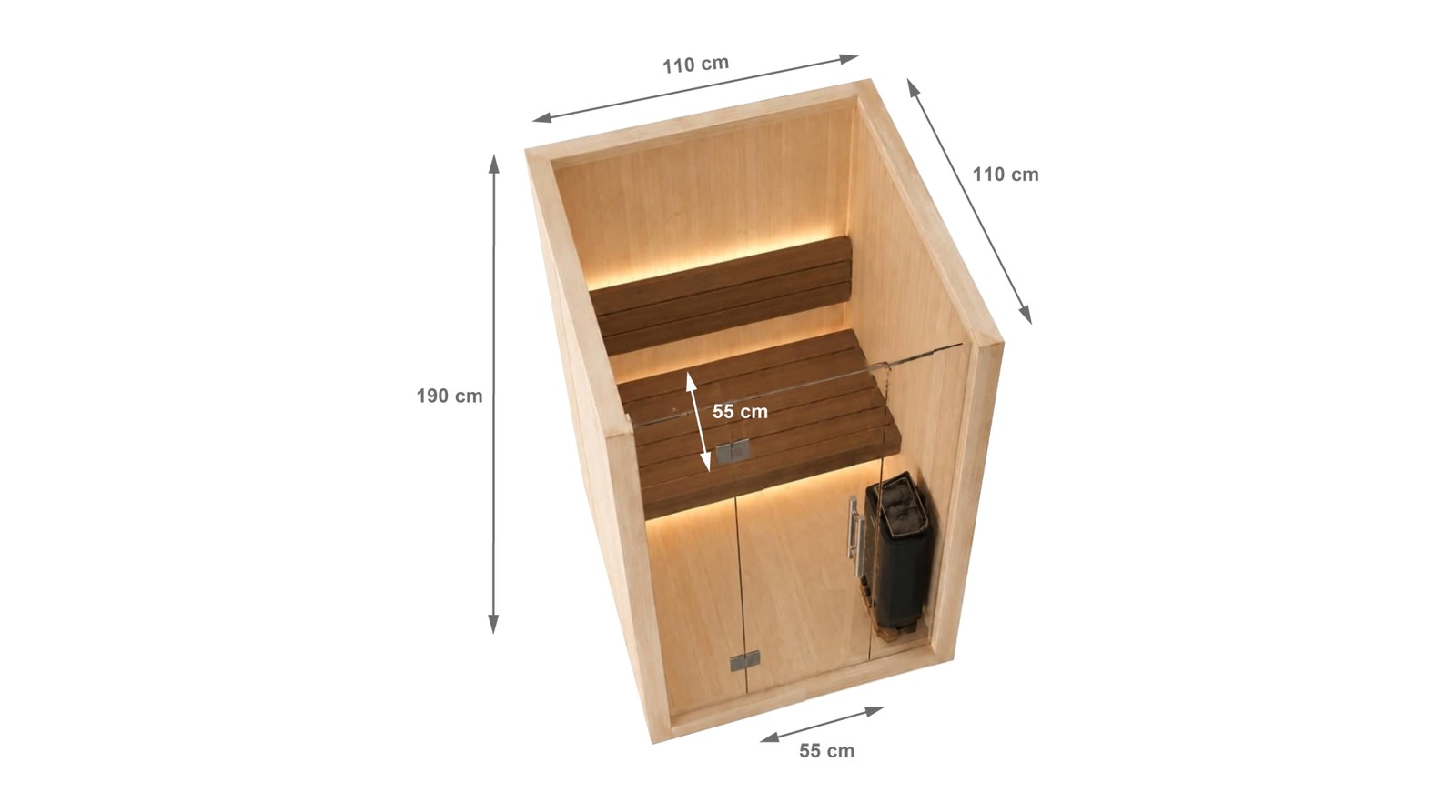 Afmetingen van de Finse sauna S-Line Nordiq 110, 110 x 110 x 190 cm, met een bankdiepte en een deurbreedte van 55 cm