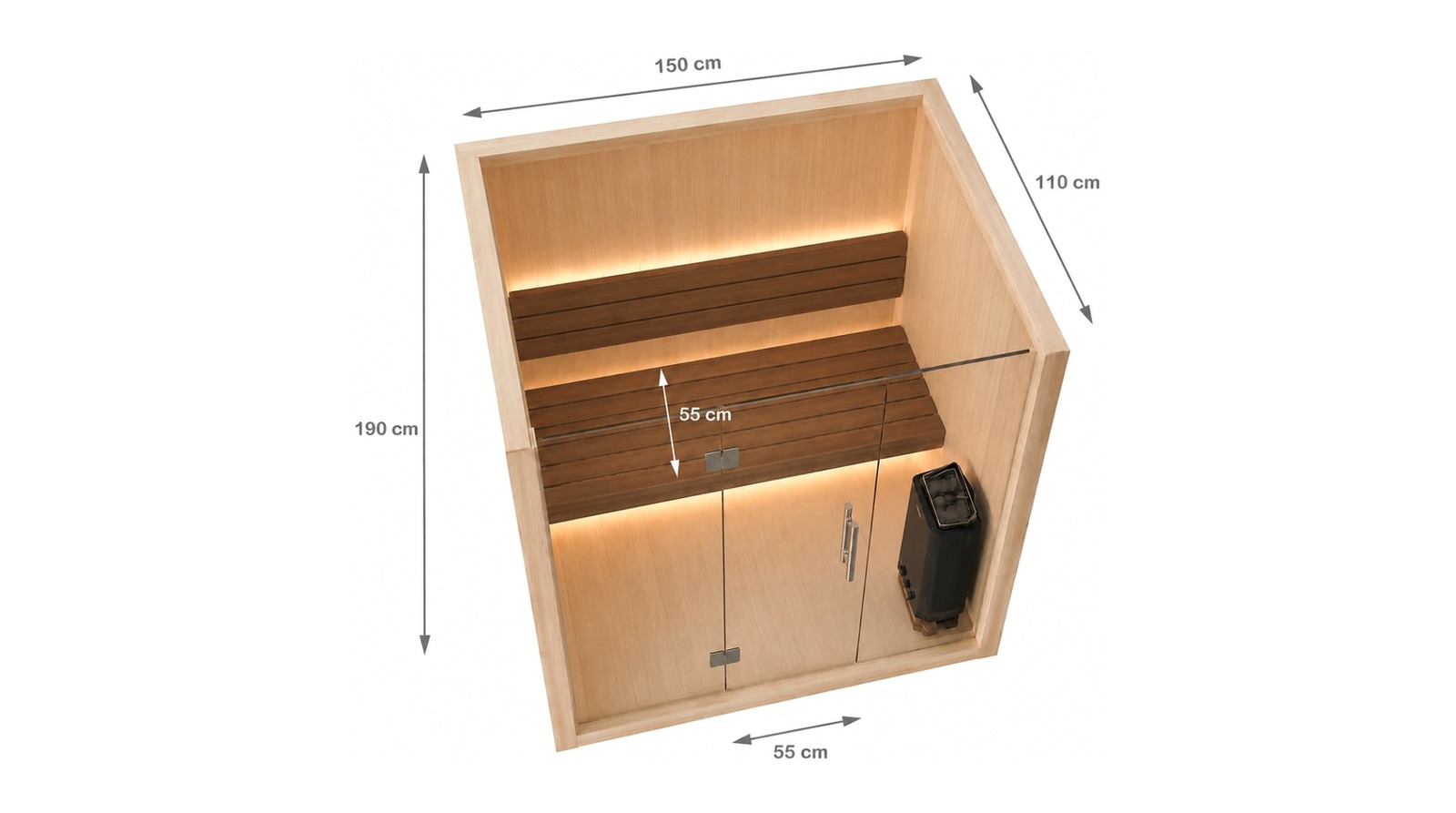 Afmetingen van de Finse sauna S-Line Nordiq 150, 150 x 110 x 190 cm, met een bankdiepte en een deurbreedte van 55 cm