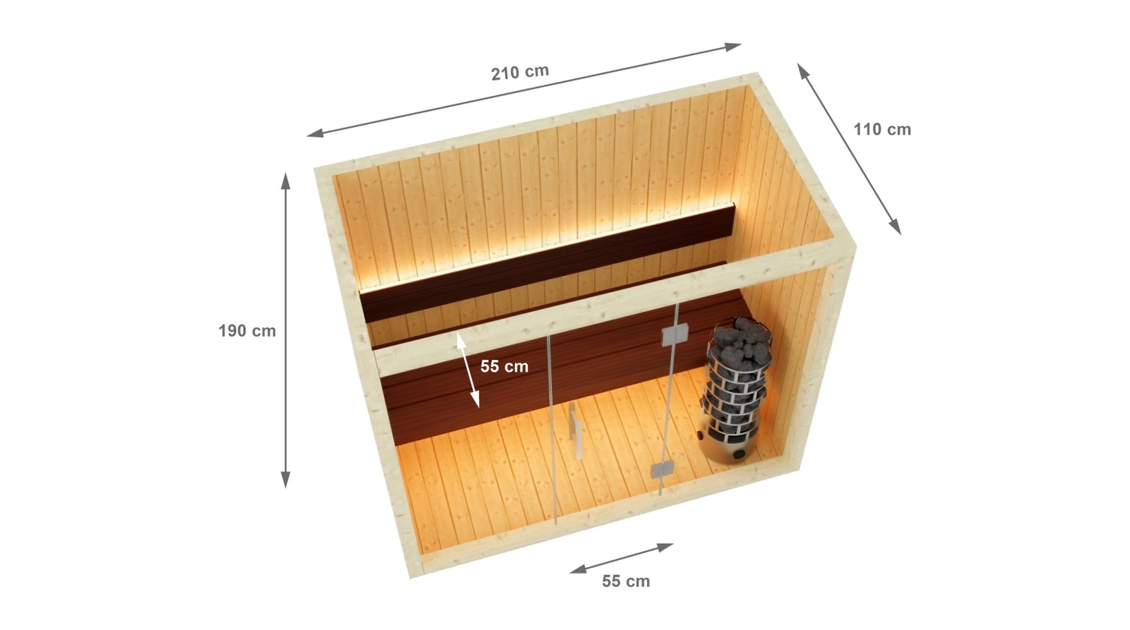 Afmetingen van de Finse sauna S-Line Nordiq 210 Single, 210 x 110 x 190 cm, met een bankdiepte en een deurbreedte van 55 cm